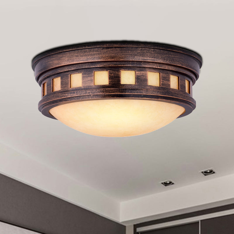 Drum Ceiling Flush Light Rustic Style Metal and Opal Glass Bronze/Gold Outdoor Flush Mount Light for Porch Clearhalo 'Ceiling Lights' 'Close To Ceiling Lights' 'Close to ceiling' 'Flush mount' Lighting' 438588