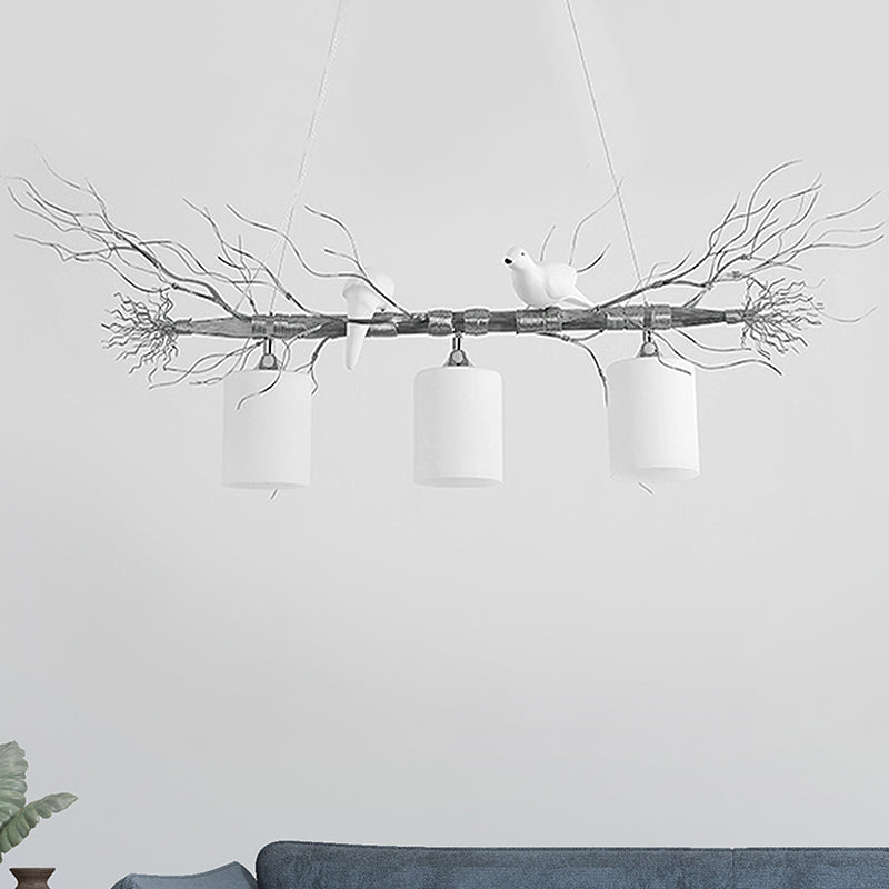 Cylinder Ceiling Island Pendant Modern 3-Head White Glass Hanging Light Fixture with Gold/Silver Branch Clearhalo 'Ceiling Lights' 'Close To Ceiling Lights' 'Glass shade' 'Glass' 'Island Lights' Lighting' 438719