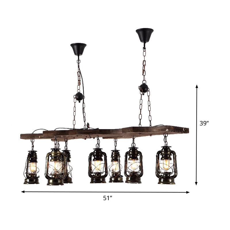 Linear Chandelier Light with Lantern Shade Industrial Metal 8 Lights Island Lighting in Antique Brass Clearhalo 'Ceiling Lights' 'Island Lights' Lighting' 438785