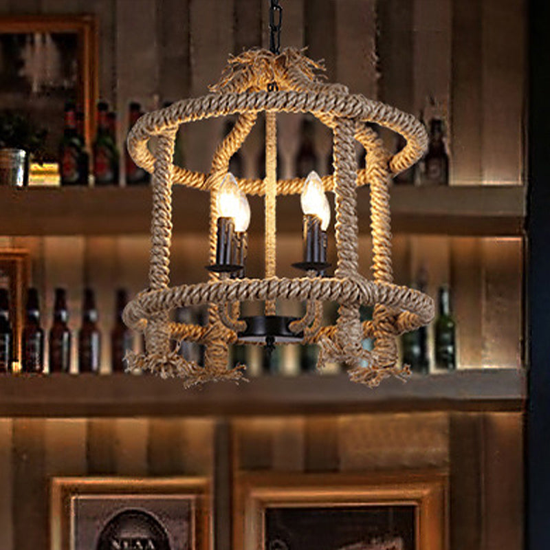 Roped Cage Shade Pendant Lamp Lodge Stylish 4 Lights Restaurant Hanging Light Fixture in Brown Clearhalo 'Ceiling Lights' 'Chandeliers' Lighting' options 438807