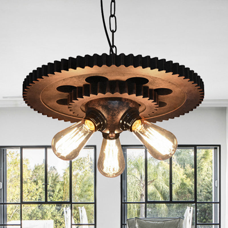 Dark Rust Exposed Bulb Pendant Light Retro Industrial Metal 3 Heads Restaurant Chandelier Lighting with Gear Decoration Clearhalo 'Cast Iron' 'Ceiling Lights' 'Chandeliers' 'Industrial Chandeliers' 'Industrial' 'Metal' 'Middle Century Chandeliers' 'Rustic Chandeliers' 'Tiffany' Lighting' 438813