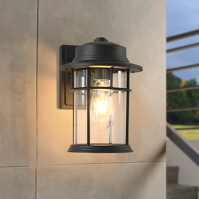 Black One Light Sconce Light Industrial Clear Glass Cylinder Lighting Fixture with Rectangle/Round Backplate Clearhalo 'Art deco wall lights' 'Cast Iron' 'Glass' 'Industrial wall lights' 'Industrial' 'Middle century wall lights' 'Modern' 'Rustic wall lights' 'Tiffany' 'Traditional wall lights' 'Wall Lamps & Sconces' 'Wall Lights' Lighting' 438831