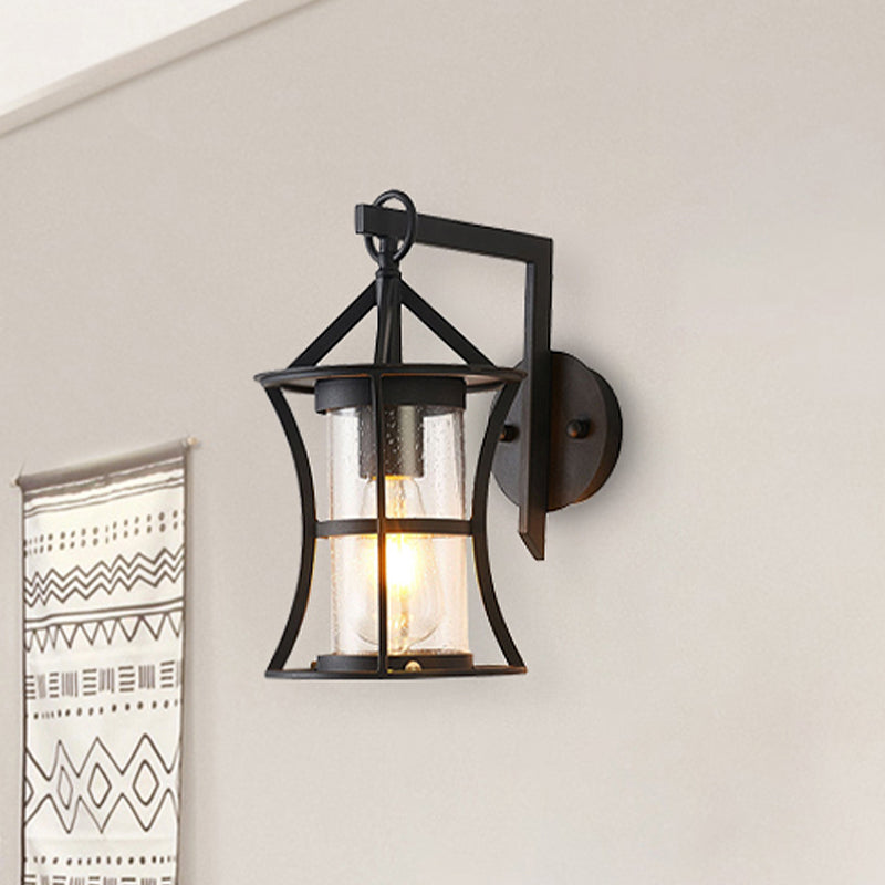 Black One Light Sconce Light Industrial Clear Glass Cylinder Lighting Fixture with Rectangle/Round Backplate Clearhalo 'Art deco wall lights' 'Cast Iron' 'Glass' 'Industrial wall lights' 'Industrial' 'Middle century wall lights' 'Modern' 'Rustic wall lights' 'Tiffany' 'Traditional wall lights' 'Wall Lamps & Sconces' 'Wall Lights' Lighting' 438832