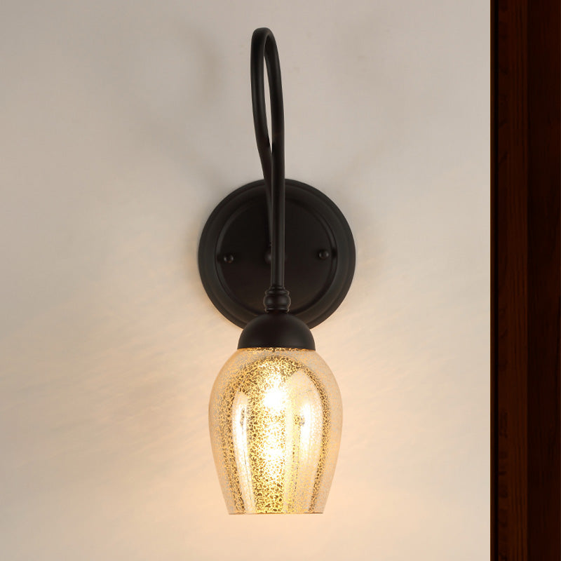 1/2-Light Wall Sconce Lighting Curved Arm Crackled Mercury Glass Industrial Bedroom Light Fixture in Black Clearhalo 'Art deco wall lights' 'Cast Iron' 'Glass' 'Industrial wall lights' 'Industrial' 'Middle century wall lights' 'Modern' 'Rustic wall lights' 'Tiffany' 'Traditional wall lights' 'Wall Lamps & Sconces' 'Wall Lights' Lighting' 438847