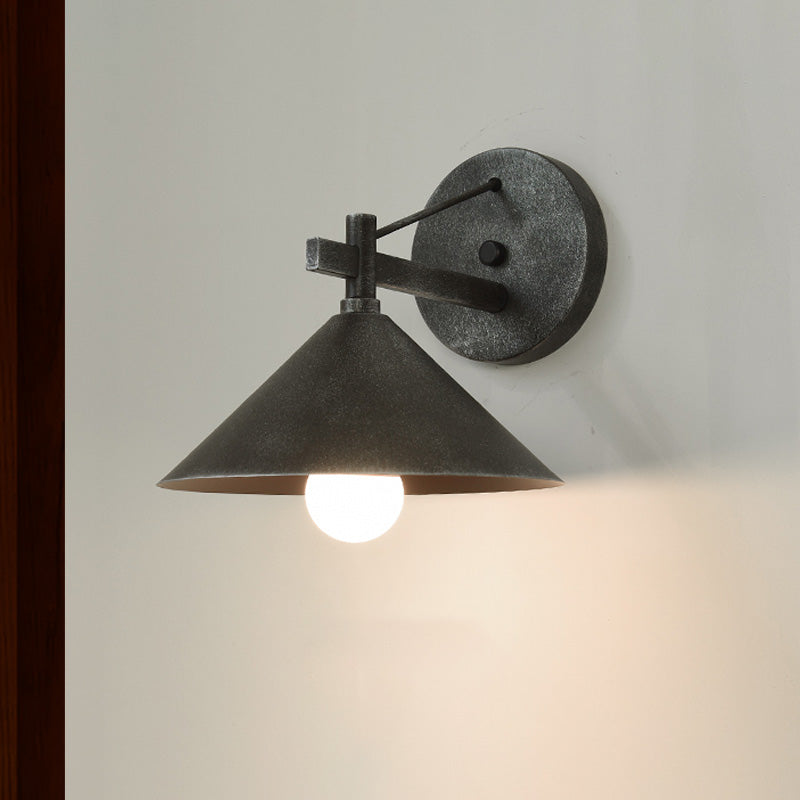 1 Light Metal Wall Sconce Light Industrial Aged Silver/Bronze Cone Dining Room Lighting Fixture Clearhalo 'Art deco wall lights' 'Cast Iron' 'Glass' 'Industrial wall lights' 'Industrial' 'Middle century wall lights' 'Modern' 'Rustic wall lights' 'Tiffany' 'Traditional wall lights' 'Wall Lamps & Sconces' 'Wall Lights' Lighting' 438873