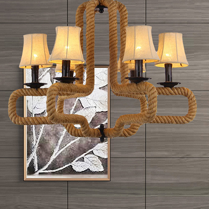 Fabric Bell Shade Hanging Chandelier Light Loft Style 6 Heads Restaurant Hanging Lamp with Rope Detail in Brown Clearhalo 'Ceiling Lights' 'Chandeliers' 'Industrial Chandeliers' 'Industrial' 'Middle Century Chandeliers' 'Tiffany' Lighting' 438941