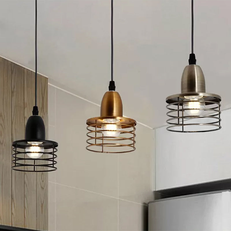 1 Light Drum Pendant Lighting with Wire Cage Shade Industrial Retro Black/Bronze Metal Ceiling Pendant for Kitchen Clearhalo 'Art Deco Pendants' 'Black' 'Cast Iron' 'Ceiling Lights' 'Ceramic' 'Crystal' 'Industrial Pendants' 'Industrial' 'Metal' 'Middle Century Pendants' 'Pendant Lights' 'Pendants' 'Rustic Pendants' 'Tiffany' Lighting' 438987