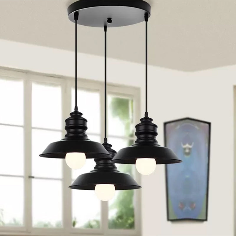 Farmhouse Barn Pendant Light 3 Lights Metallic Hanging Light Fixture with Round/Linear Canopy in Black Clearhalo 'Art Deco Pendants' 'Black' 'Cast Iron' 'Ceiling Lights' 'Ceramic' 'Crystal' 'Industrial Pendants' 'Industrial' 'Metal' 'Middle Century Pendants' 'Pendant Lights' 'Pendants' 'Rustic Pendants' 'Tiffany' Lighting' 438993