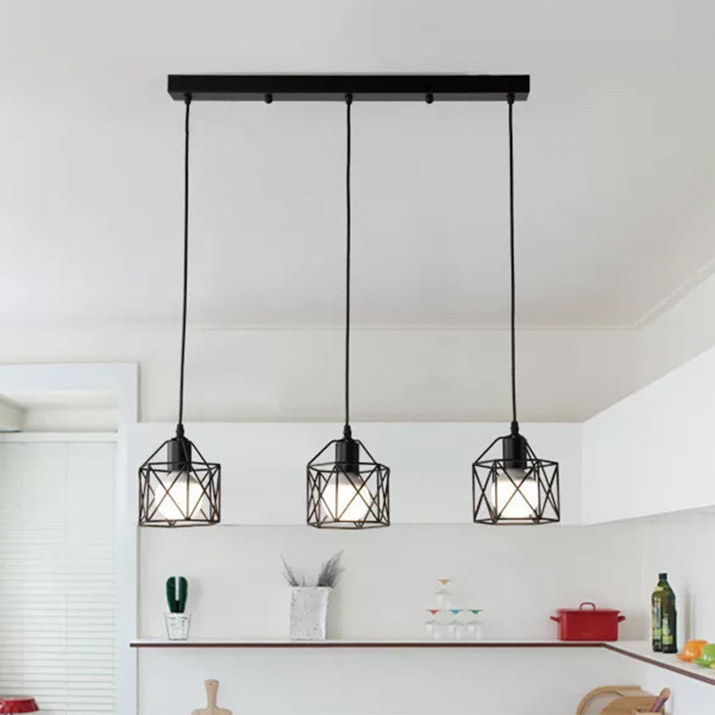 Hexagon Kitchen Ceiling Fixture with Wire Cage Farmhouse Style Metallic 3 Bulbs Black Finish Pendant Light Clearhalo 'Art Deco Pendants' 'Black' 'Cast Iron' 'Ceiling Lights' 'Ceramic' 'Crystal' 'Industrial Pendants' 'Industrial' 'Metal' 'Middle Century Pendants' 'Pendant Lights' 'Pendants' 'Rustic Pendants' 'Tiffany' Lighting' 439009