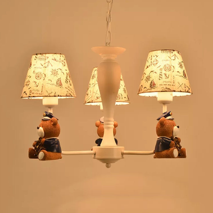 Modern Style White Pendant Light Tapered Shade Bear Metal Chandelier for Child Bedroom 3 White Clearhalo 'Ceiling Lights' 'Chandeliers' Lighting' options 44997_13e190df-1d6b-4399-93e0-caa96b1e612d