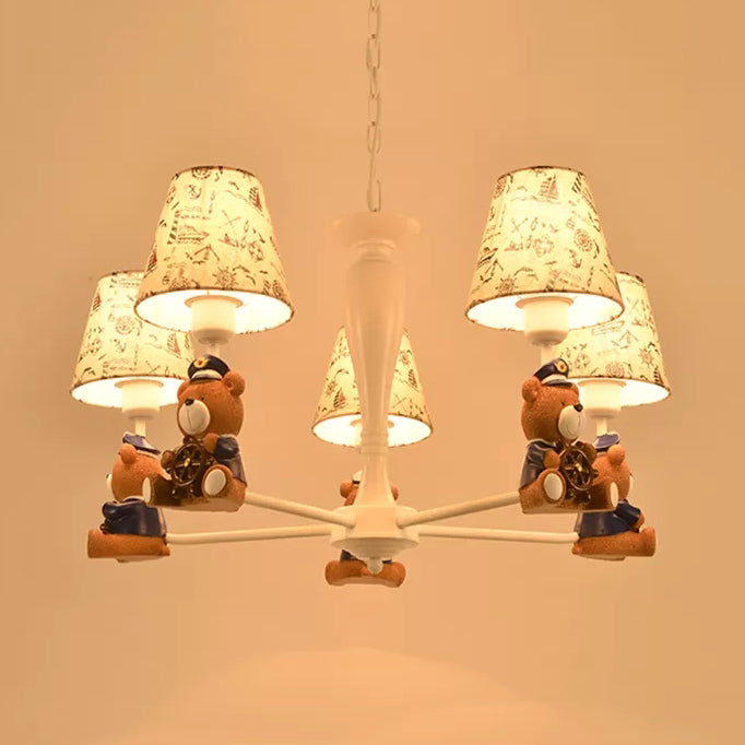 Modern Style White Pendant Light Tapered Shade Bear Metal Chandelier for Child Bedroom 5 White Clearhalo 'Ceiling Lights' 'Chandeliers' Lighting' options 44999_3ce5ba64-f19f-454f-a69e-dba58777c4f9
