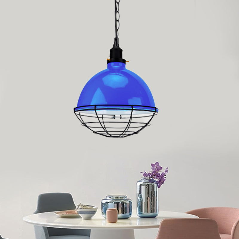 Bowl Shade Indoor Pendant Light Retro Industrial Metal 1 Bulb Black/White/Red Ceiling Light with Wire Guard and Chain Blue Clearhalo 'Art Deco Pendants' 'Black' 'Cast Iron' 'Ceiling Lights' 'Ceramic' 'Crystal' 'Industrial Pendants' 'Industrial' 'Metal' 'Middle Century Pendants' 'Pendant Lights' 'Pendants' 'Rustic Pendants' 'Tiffany' Lighting' 456225