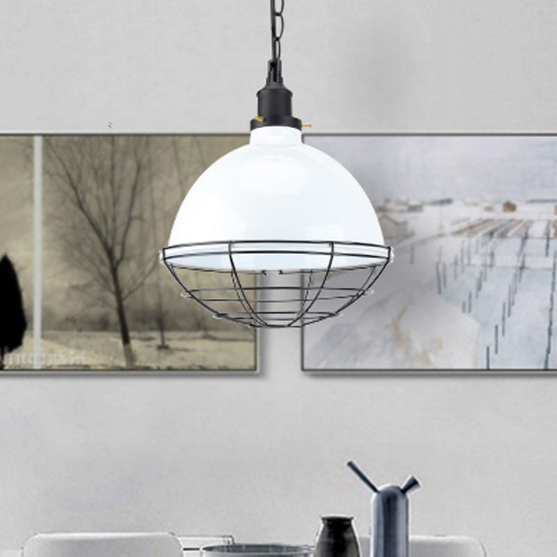 Bowl Shade Indoor Pendant Light Retro Industrial Metal 1 Bulb Black/White/Red Ceiling Light with Wire Guard and Chain White Clearhalo 'Art Deco Pendants' 'Black' 'Cast Iron' 'Ceiling Lights' 'Ceramic' 'Crystal' 'Industrial Pendants' 'Industrial' 'Metal' 'Middle Century Pendants' 'Pendant Lights' 'Pendants' 'Rustic Pendants' 'Tiffany' Lighting' 456227