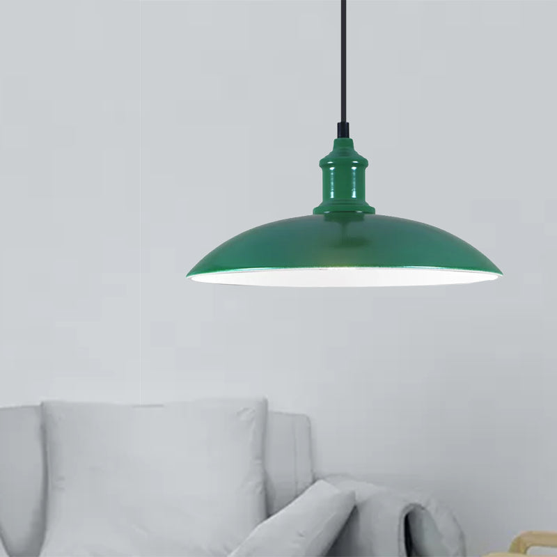 Green/Red Bowl Hanging Lamp Industrial Metal 1 Light Living Room Ceiling Pendant Light, 12.5"/16" Width Green Clearhalo 'Art Deco Pendants' 'Cast Iron' 'Ceiling Lights' 'Ceramic' 'Crystal' 'Industrial Pendants' 'Industrial' 'Metal' 'Middle Century Pendants' 'Pendant Lights' 'Pendants' 'Tiffany' Lighting' 456261