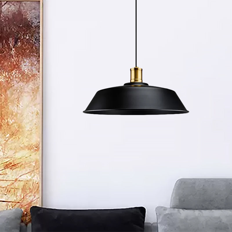 Barn Living Room Pendant Light Retro Metallic 1 Light Black Finish Ceiling Hanging Lamp, 10"/14"/18" Width Clearhalo 'Art Deco Pendants' 'Black' 'Cast Iron' 'Ceiling Lights' 'Ceramic' 'Crystal' 'Industrial Pendants' 'Industrial' 'Metal' 'Middle Century Pendants' 'Pendant Lights' 'Pendants' 'Rustic Pendants' 'Tiffany' Lighting' 456272
