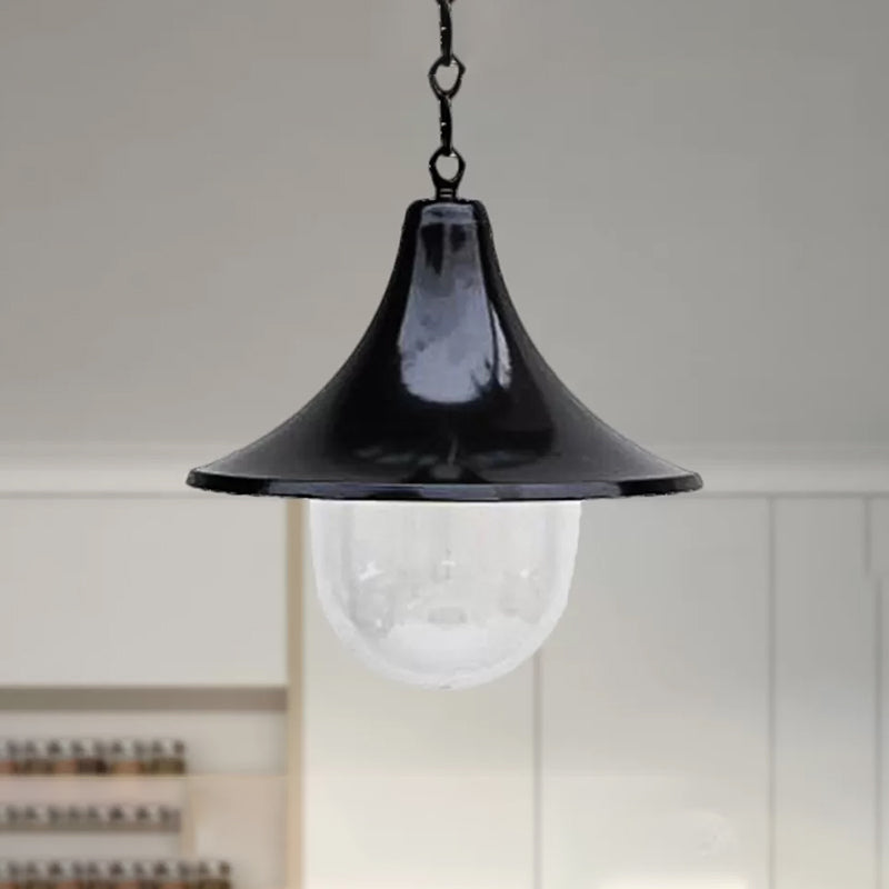 Antique Style Flared Pendant Light with Clear Glass Shade 1 Bulb Hanging Lamp in Rust/Black Finish for Outdoor Clearhalo 'Art Deco Pendants' 'Black' 'Cast Iron' 'Ceiling Lights' 'Ceramic' 'Crystal' 'Industrial Pendants' 'Industrial' 'Metal' 'Middle Century Pendants' 'Pendant Lights' 'Pendants' 'Rustic Pendants' 'Tiffany' Lighting' 456286