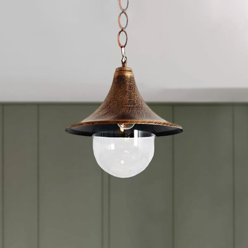 Antique Style Flared Pendant Light with Clear Glass Shade 1 Bulb Hanging Lamp in Rust/Black Finish for Outdoor Clearhalo 'Art Deco Pendants' 'Black' 'Cast Iron' 'Ceiling Lights' 'Ceramic' 'Crystal' 'Industrial Pendants' 'Industrial' 'Metal' 'Middle Century Pendants' 'Pendant Lights' 'Pendants' 'Rustic Pendants' 'Tiffany' Lighting' 456287