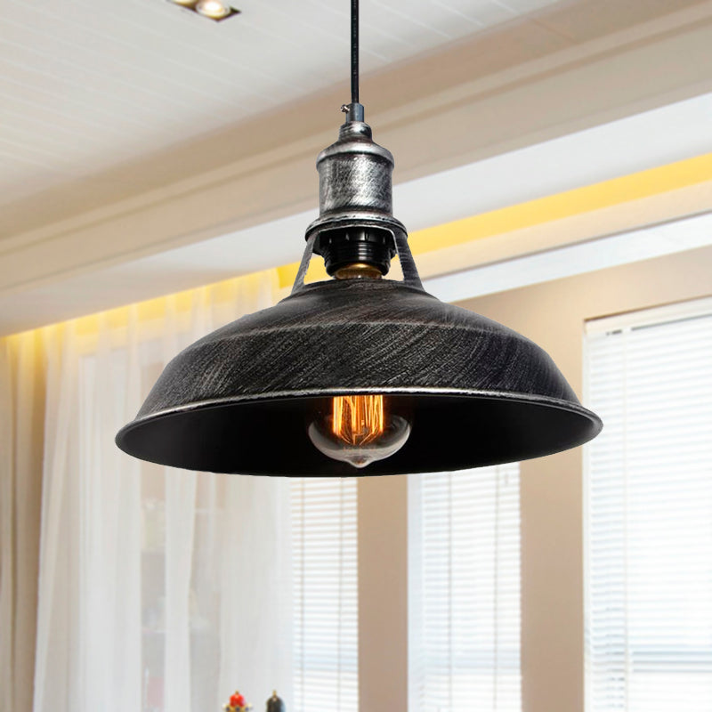 Aged Silver/Rust Barn Pendant Lighting Antique Style Wrought Iron 1 Light Dining Room Ceiling Light, 10.5"/12"/15" Diameter Clearhalo 'Art Deco Pendants' 'Cast Iron' 'Ceiling Lights' 'Ceramic' 'Crystal' 'Industrial Pendants' 'Industrial' 'Metal' 'Middle Century Pendants' 'Pendant Lights' 'Pendants' 'Tiffany' Lighting' 456531