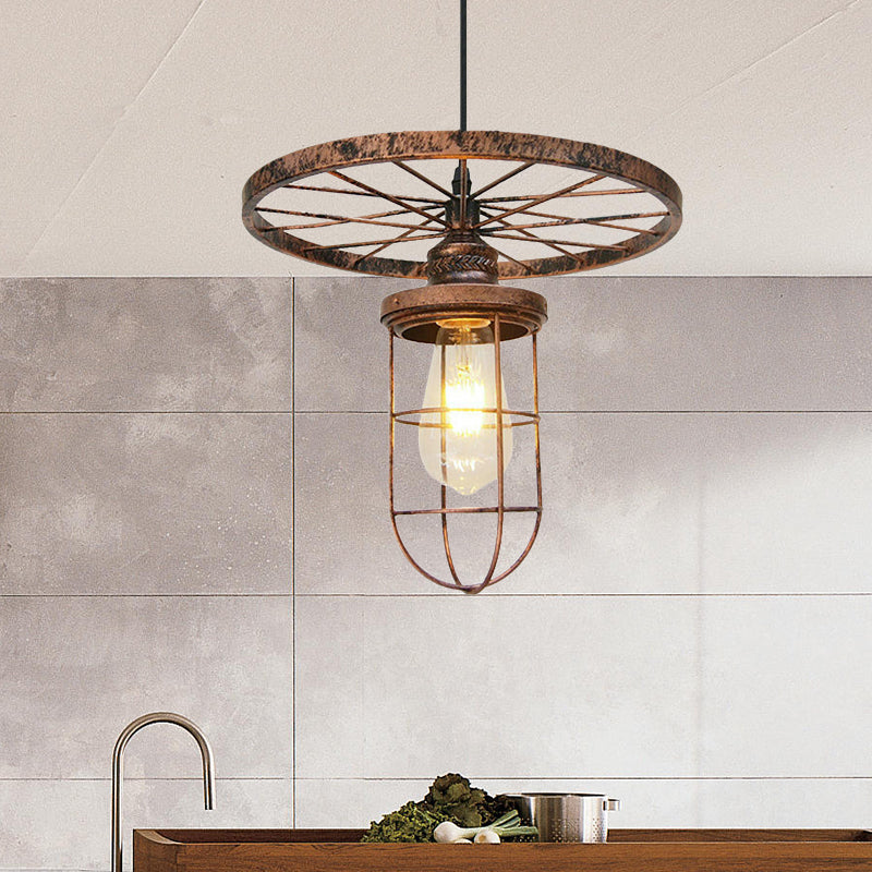 Bronze Wire Frame Hanging Lamp Industrial Stylish Wrought Iron 1 Light Restaurant Ceiling Light with Wheel Clearhalo 'Art Deco Pendants' 'Cast Iron' 'Ceiling Lights' 'Ceramic' 'Crystal' 'Industrial Pendants' 'Industrial' 'Metal' 'Middle Century Pendants' 'Pendant Lights' 'Pendants' 'Tiffany' Lighting' 456589