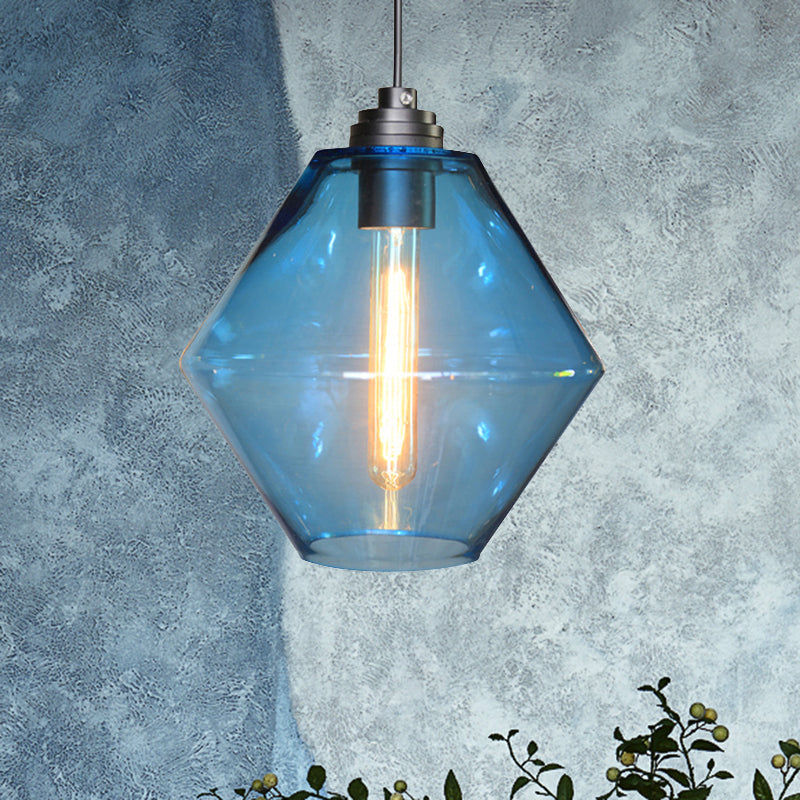 Single Light Diamond Shade Ceiling Pendant Light Vintage Black Orange/Blue/Green Glass Hanging Lamp Clearhalo 'Ceiling Lights' 'Close To Ceiling Lights' 'Glass shade' 'Glass' 'Industrial Pendants' 'Industrial' 'Middle Century Pendants' 'Pendant Lights' 'Pendants' 'Tiffany' Lighting' 456697