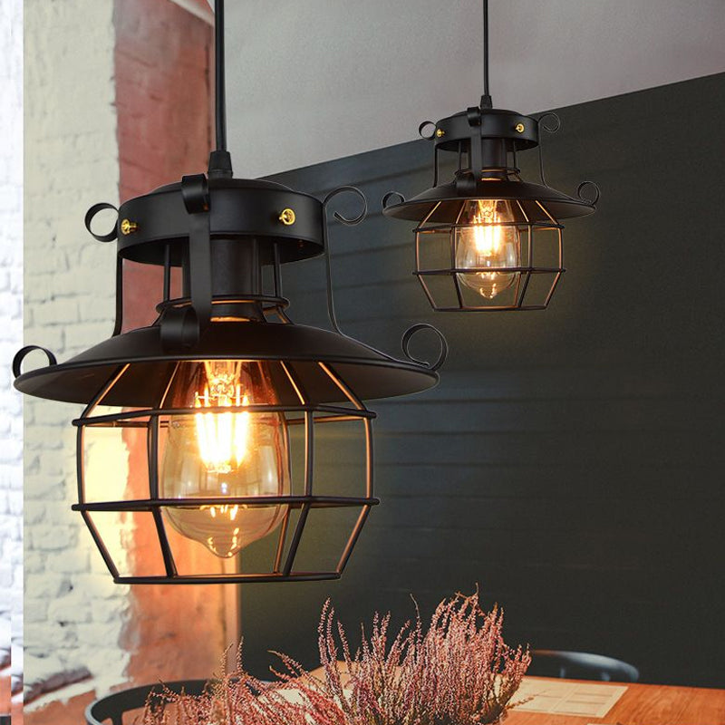 1 Light Iron Pendant Lamp Vintage Industrial Satin Black Dome Cage Shade Restaurant Ceiling Fixture Clearhalo 'Art Deco Pendants' 'Black' 'Cast Iron' 'Ceiling Lights' 'Ceramic' 'Crystal' 'Industrial Pendants' 'Industrial' 'Metal' 'Middle Century Pendants' 'Pendant Lights' 'Pendants' 'Rustic Pendants' 'Tiffany' Lighting' 456741
