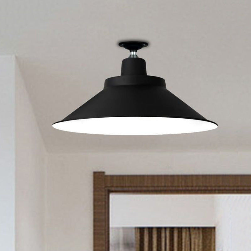 12"/16"/19.5" Wide Cone Metal Ceiling Lighting Industrial Style 1 Head Balcony Semi Flush Mount Lighting in Black Clearhalo 'Ceiling Lights' 'Close To Ceiling Lights' 'Close to ceiling' 'Flush mount' 'Industrial Flush Mount' Lighting' 456760