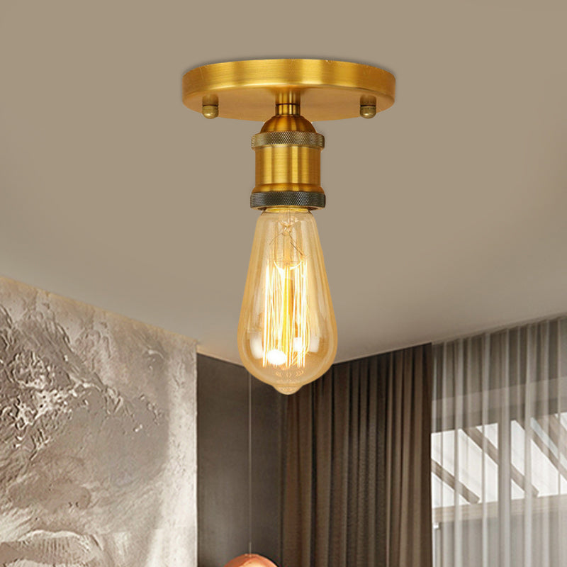 Black/Brass Finish Expose Bulb Ceiling Lighting Retro Industrial Metal 1 Light Balcony Semi Flush Mount Light Clearhalo 'Ceiling Lights' 'Close To Ceiling Lights' 'Close to ceiling' 'Semi-flushmount' Lighting' 456785