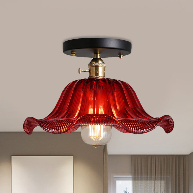 Red/Blue/Clear One Light Ceiling Mount Rustic Ribbed Glass Scalloped Semi Flush Light, 8"/10"/12" Wide Red Clearhalo 'Ceiling Lights' 'Close To Ceiling Lights' 'Close to ceiling' 'Glass shade' 'Glass' 'Semi-flushmount' Lighting' 460009