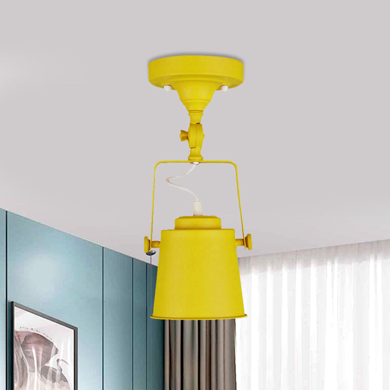 Retro Loft Tapered Semi Flush Pendant Light 1 Head Rotatable Metal Ceiling Lamp in Grey/Red/Pink for Bedroom Yellow Clearhalo 'Ceiling Lights' 'Close To Ceiling Lights' 'Close to ceiling' 'Semi-flushmount' Lighting' 460034