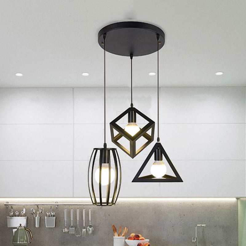 3 Heads Pendant Lighting with Different Cage Shade Metal Retro Stylish Kitchen Hanging Lamp in Black, Round/Linear Canopy Clearhalo 'Art Deco Pendants' 'Black' 'Cast Iron' 'Ceiling Lights' 'Ceramic' 'Crystal' 'Industrial Pendants' 'Industrial' 'Metal' 'Middle Century Pendants' 'Pendant Lights' 'Pendants' 'Rustic Pendants' 'Tiffany' Lighting' 460189