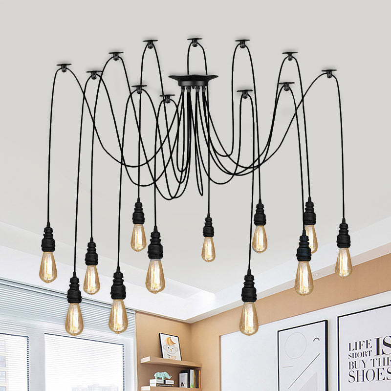 Industrial Style Swag Hanging Lamp 2/3 Heads Metal Pendant Ceiling Light with Exposed Bulb in Black Finish Clearhalo 'Art Deco Pendants' 'Black' 'Cast Iron' 'Ceiling Lights' 'Ceramic' 'Crystal' 'Industrial Pendants' 'Industrial' 'Metal' 'Middle Century Pendants' 'Pendant Lights' 'Pendants' 'Rustic Pendants' 'Tiffany' Lighting' 460217