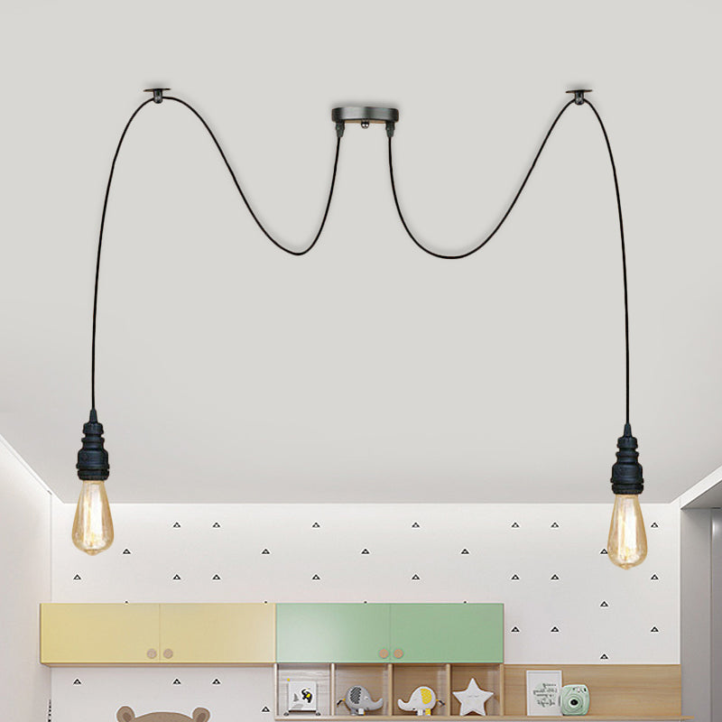 Industrial Style Swag Hanging Lamp 2/3 Heads Metal Pendant Ceiling Light with Exposed Bulb in Black Finish Clearhalo 'Art Deco Pendants' 'Black' 'Cast Iron' 'Ceiling Lights' 'Ceramic' 'Crystal' 'Industrial Pendants' 'Industrial' 'Metal' 'Middle Century Pendants' 'Pendant Lights' 'Pendants' 'Rustic Pendants' 'Tiffany' Lighting' 460219