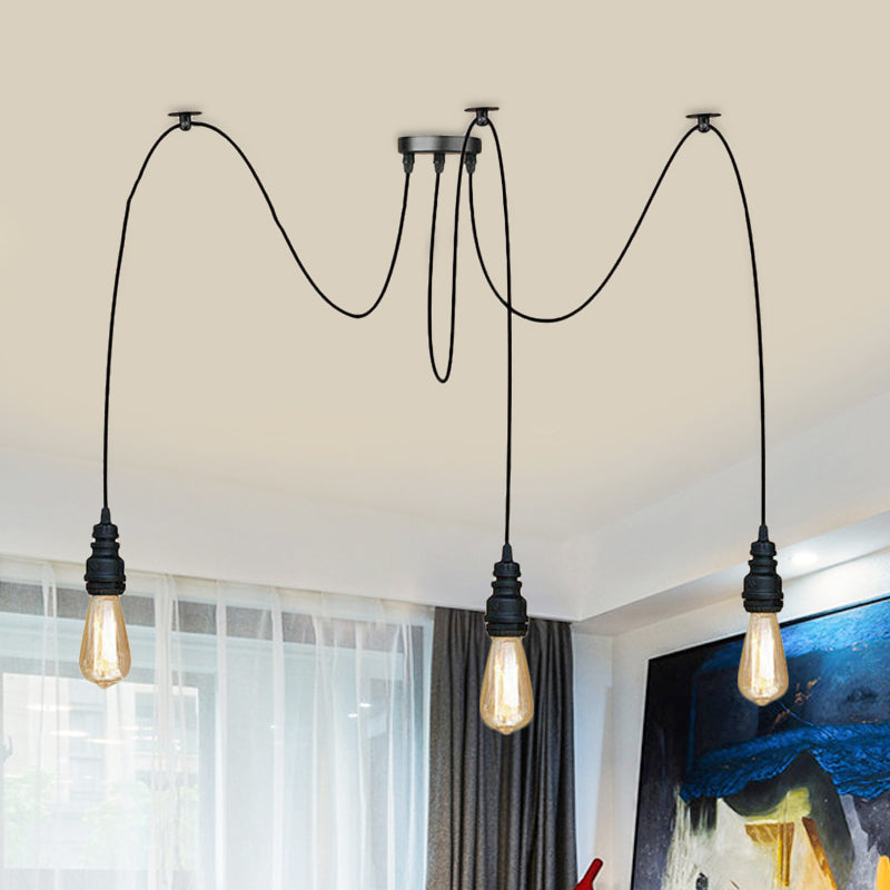 Industrial Style Swag Hanging Lamp 2/3 Heads Metal Pendant Ceiling Light with Exposed Bulb in Black Finish Clearhalo 'Art Deco Pendants' 'Black' 'Cast Iron' 'Ceiling Lights' 'Ceramic' 'Crystal' 'Industrial Pendants' 'Industrial' 'Metal' 'Middle Century Pendants' 'Pendant Lights' 'Pendants' 'Rustic Pendants' 'Tiffany' Lighting' 460220