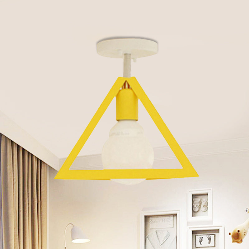 Retro Industrial Wire Cage Semi Flush Ceiling Light with Triangle Shade 1 Head Metal Ceiling Lamp in Black/Grey/White Clearhalo 'Ceiling Lights' 'Close To Ceiling Lights' 'Close to ceiling' 'Semi-flushmount' Lighting' 460236
