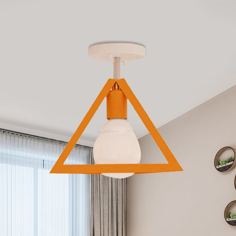Retro Industrial Wire Cage Semi Flush Ceiling Light with Triangle Shade 1 Head Metal Ceiling Lamp in Black/Grey/White Orange Clearhalo 'Ceiling Lights' 'Close To Ceiling Lights' 'Close to ceiling' 'Semi-flushmount' Lighting' 460237