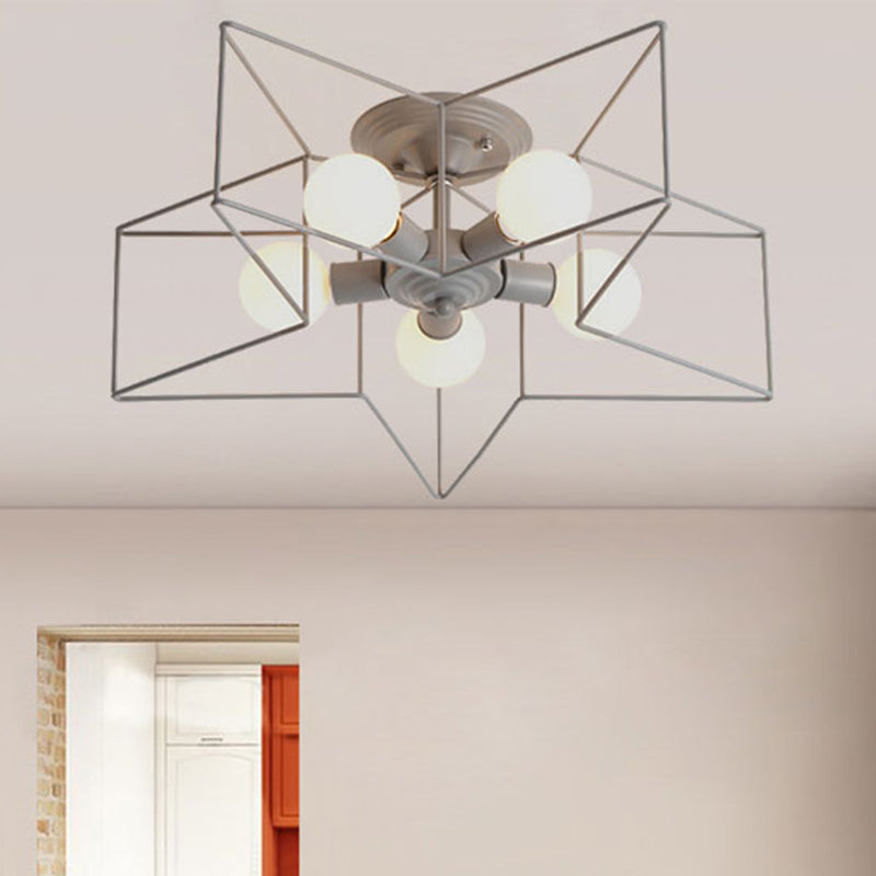 5 Bulbs Semi-Flush Ceiling Fixture with Star Cage Shade Metallic Loft Stylish Indoor Semi Flush Light in Grey/Pink Clearhalo 'Ceiling Lights' 'Close To Ceiling Lights' 'Close to ceiling' 'Semi-flushmount' Lighting' 460290
