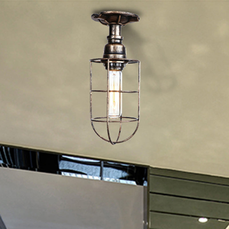 Black/Bronze 1 Bulb Semi-Flush Mount Light Vintage Metal Wire Guard Ceiling Mounted Light for Corridor Bronze Clearhalo 'Ceiling Lights' 'Close To Ceiling Lights' 'Close to ceiling' 'Semi-flushmount' Lighting' 460304