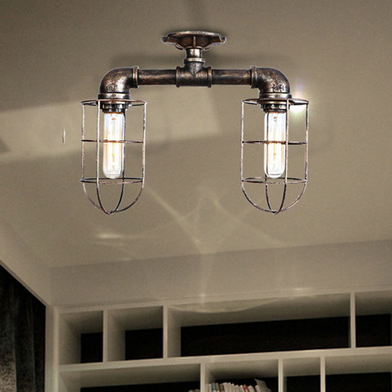 Water Pipe Hallway Ceiling Lighting with Wire Frame Industrial Iron 2 Lights Bronze/Aged Silver Semi Mount Lighting Bronze Clearhalo 'Ceiling Lights' 'Close To Ceiling Lights' 'Close to ceiling' 'Semi-flushmount' Lighting' 460307