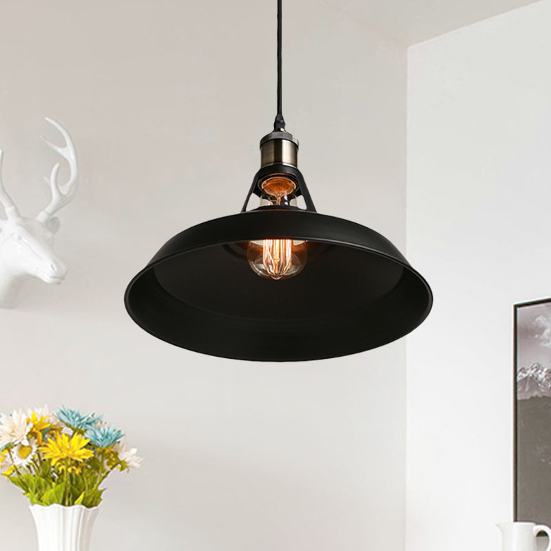 Loft Style Barn Shade Pendant Ceiling Light 10.5"/12"/15" W 1 Bulb Metallic Hanging Lamp in Black/White for Dining Table Clearhalo 'Art Deco Pendants' 'Black' 'Cast Iron' 'Ceiling Lights' 'Ceramic' 'Crystal' 'Industrial Pendants' 'Industrial' 'Metal' 'Middle Century Pendants' 'Pendant Lights' 'Pendants' 'Rustic Pendants' 'Tiffany' Lighting' 460340