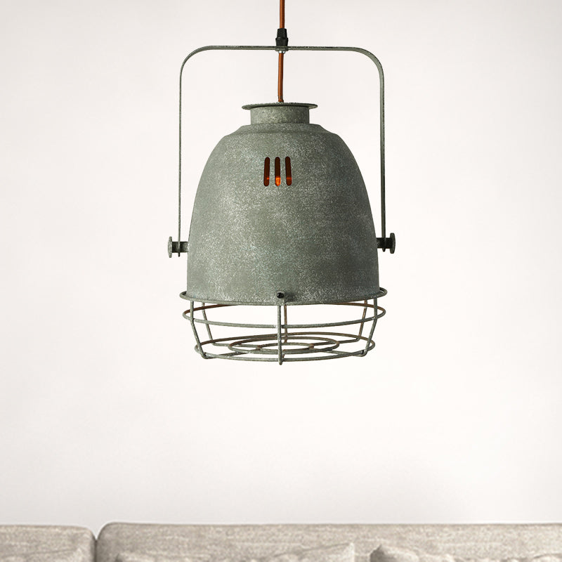 Wrought Iron Bell/Dome Shade Pendant Lighting Industrial 1 Light Living Room Hanging Lamp with Wire Guard in Grey Clearhalo 'Art Deco Pendants' 'Cast Iron' 'Ceiling Lights' 'Ceramic' 'Crystal' 'Industrial Pendants' 'Industrial' 'Metal' 'Middle Century Pendants' 'Pendant Lights' 'Pendants' 'Tiffany' Lighting' 460395