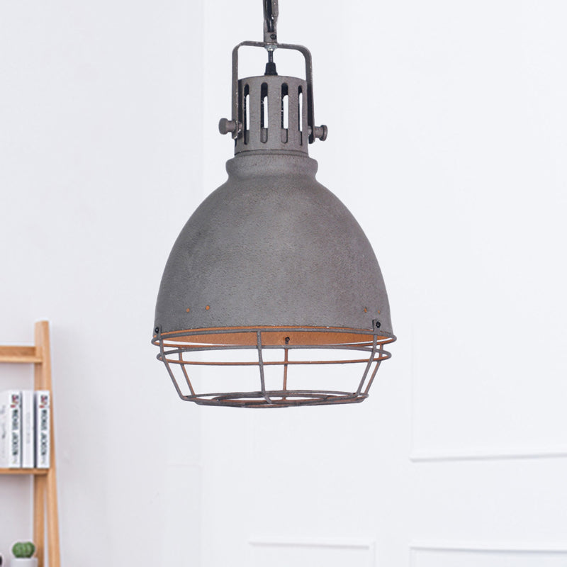 Wrought Iron Bell/Dome Shade Pendant Lighting Industrial 1 Light Living Room Hanging Lamp with Wire Guard in Grey Clearhalo 'Art Deco Pendants' 'Cast Iron' 'Ceiling Lights' 'Ceramic' 'Crystal' 'Industrial Pendants' 'Industrial' 'Metal' 'Middle Century Pendants' 'Pendant Lights' 'Pendants' 'Tiffany' Lighting' 460396