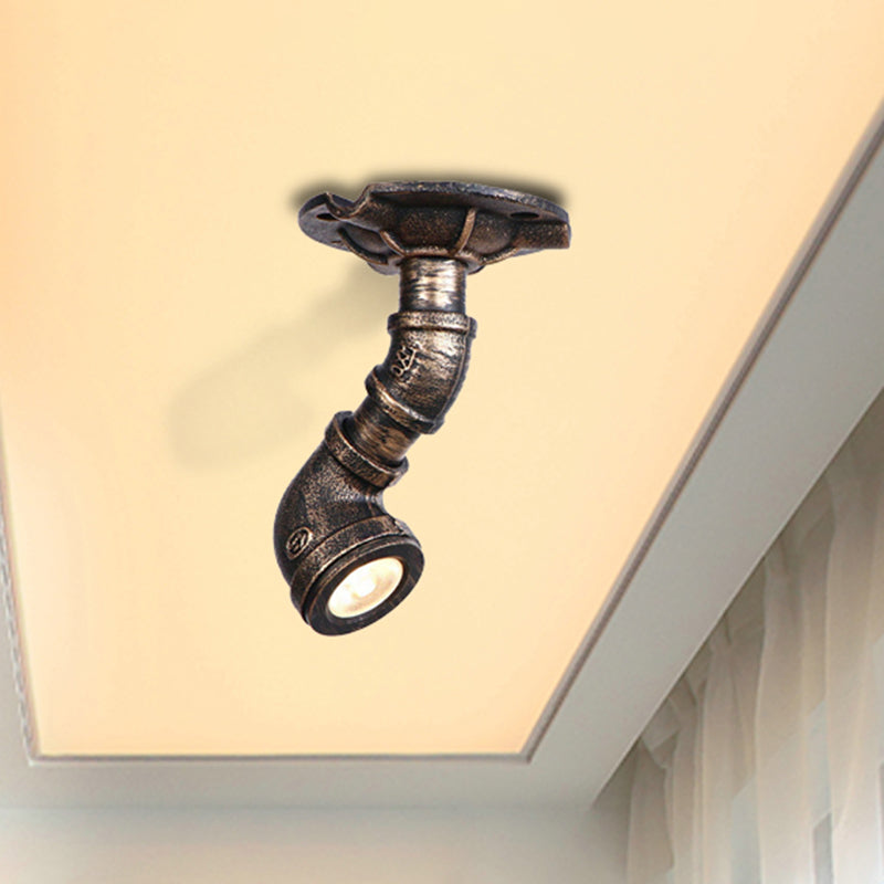 1 Light Metal Semi Flush Light Rustic Industrial Antique Brass Water Pipe Hallway Ceiling Mounted Light Clearhalo 'Ceiling Lights' 'Close To Ceiling Lights' 'Close to ceiling' 'Semi-flushmount' Lighting' 460397