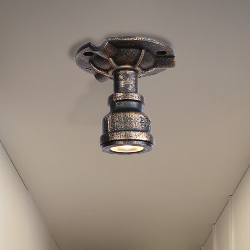 1 Light Metal Semi Flush Light Rustic Industrial Antique Brass Water Pipe Hallway Ceiling Mounted Light Clearhalo 'Ceiling Lights' 'Close To Ceiling Lights' 'Close to ceiling' 'Semi-flushmount' Lighting' 460398