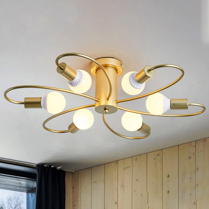 Metal Swirl Semi Flush Mount Lighting Industrial 3/6 Lights Living Room Ceiling Mounted Fixture in Grey/Green 6 Brass Clearhalo 'Ceiling Lights' 'Close To Ceiling Lights' 'Close to ceiling' 'Semi-flushmount' Lighting' 460491