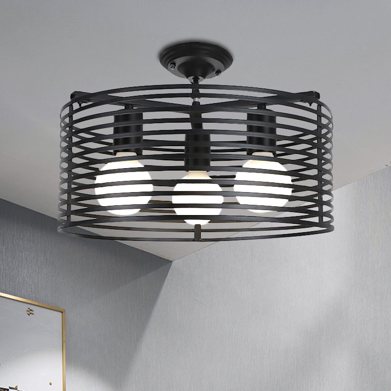 Black Drum Design Semi Flush Light with Wire Frame Vintage Retro Metallic 3 Heads Foyer Semi Flush Mount Light, 16"/16.5" W Clearhalo 'Ceiling Lights' 'Close To Ceiling Lights' 'Close to ceiling' 'Semi-flushmount' Lighting' 460523
