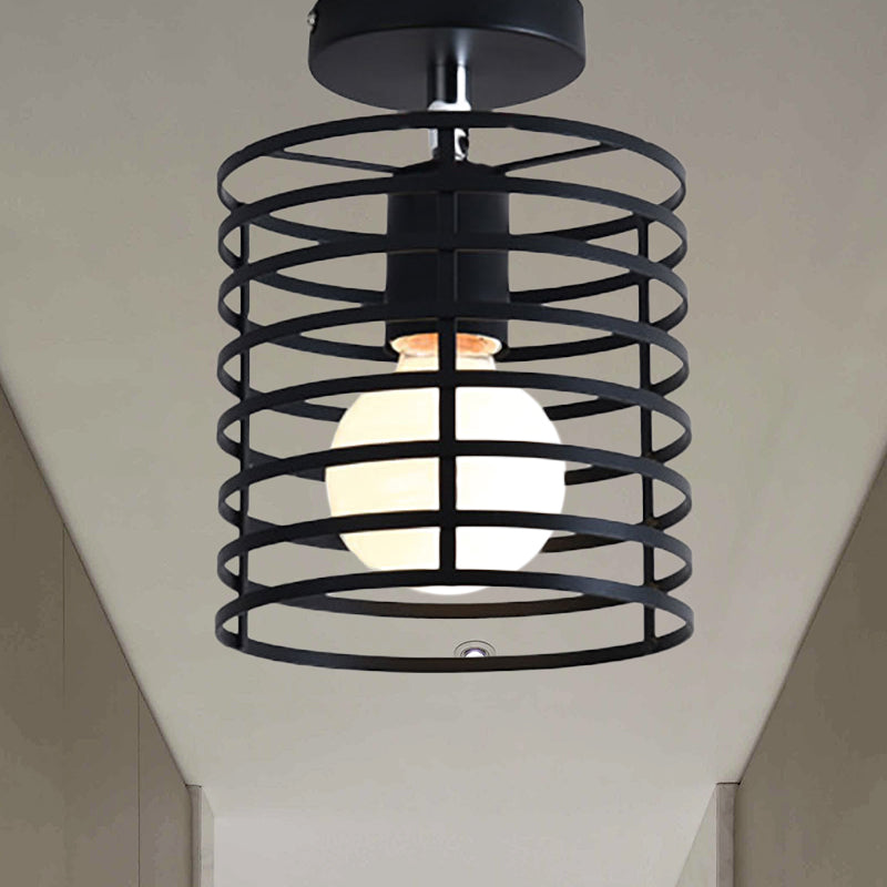 Cylinder/Drum Cage Bedroom Semi-Flush Ceiling Fixture Retro Vintage Metal 1 Head Black Rotatable Semi Flush Light Clearhalo 'Ceiling Lights' 'Close To Ceiling Lights' 'Close to ceiling' 'Semi-flushmount' Lighting' 460536