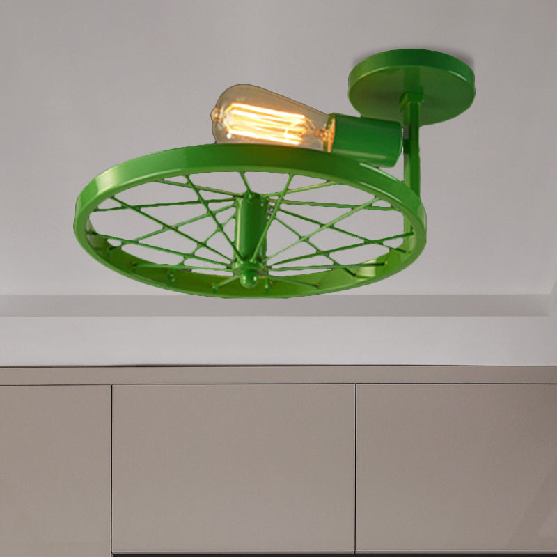 1 Head Wheel Shaped Semi Flush Light with Exposed Bulb Industrial White/Red Metallic Ceiling Mounted Light Clearhalo 'Ceiling Lights' 'Close To Ceiling Lights' 'Close to ceiling' 'Semi-flushmount' Lighting' 460553