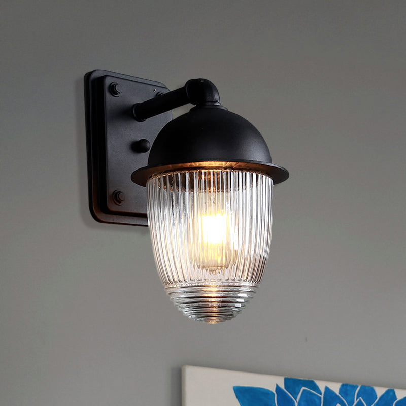 Ribbed Glass Black Sconce Light Thick Jelly Jar 1-Light Industrial Wall Lamp Fixture, 5"/6" Wide Clearhalo 'Art deco wall lights' 'Cast Iron' 'Glass' 'Industrial wall lights' 'Industrial' 'Middle century wall lights' 'Modern' 'Rustic wall lights' 'Tiffany' 'Traditional wall lights' 'Wall Lamps & Sconces' 'Wall Lights' Lighting' 460702