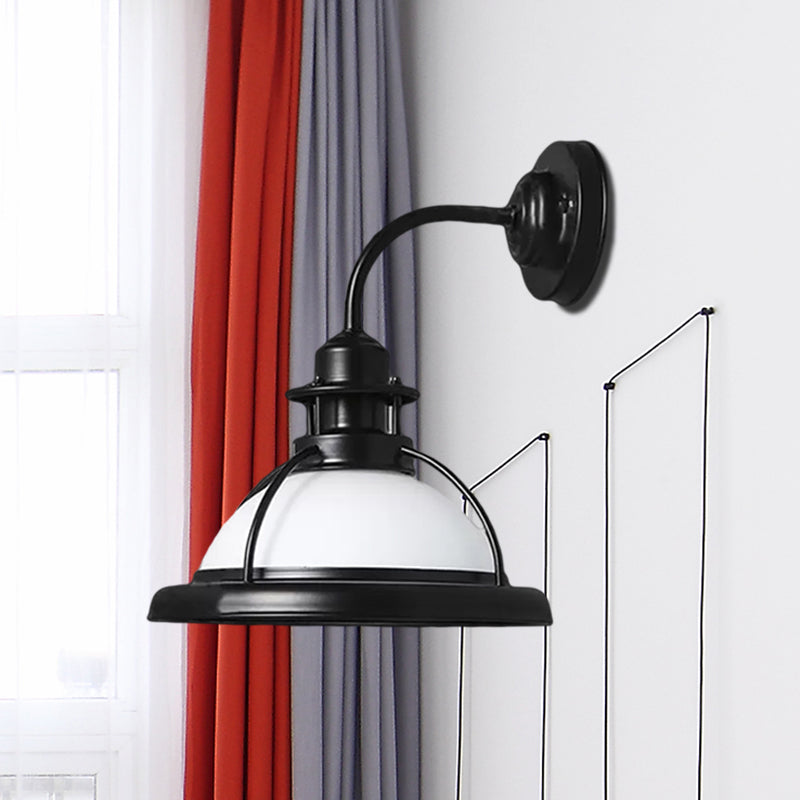 Dome White/Green Glass Wall Mounted Lamp Industrial Single Bulb Bedroom Sconce Light in Black with Curved Arm Clearhalo 'Art deco wall lights' 'Cast Iron' 'Glass' 'Industrial wall lights' 'Industrial' 'Middle century wall lights' 'Modern' 'Rustic wall lights' 'Tiffany' 'Traditional wall lights' 'Wall Lamps & Sconces' 'Wall Lights' Lighting' 460719