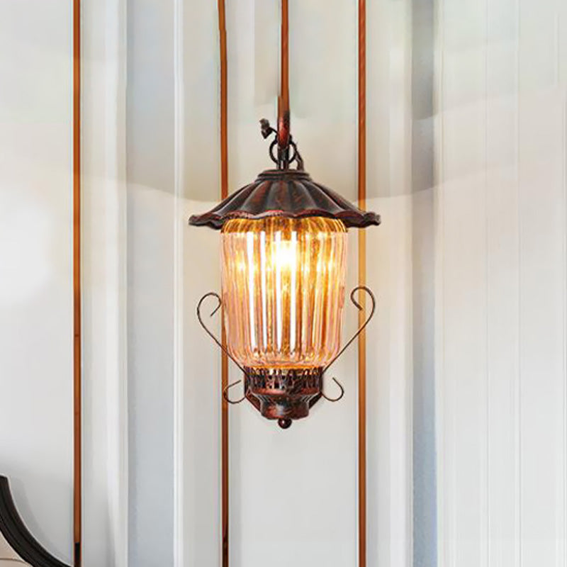 1 Light Pressed Ribbed Glass Wall Sconce Light Industrial Black Lantern Bedroom Lighting Fixture in Weathered Copper Clearhalo 'Art deco wall lights' 'Cast Iron' 'Glass' 'Industrial wall lights' 'Industrial' 'Middle century wall lights' 'Modern' 'Rustic wall lights' 'Tiffany' 'Traditional wall lights' 'Wall Lamps & Sconces' 'Wall Lights' Lighting' 460804